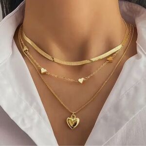 Gold Layered Heart Necklace Set – Triple Layer Choker & Pendant | Gold Jewelry
